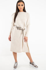 Cream Cable Knit Side Split Jumper Dress - Maniya-Dresses