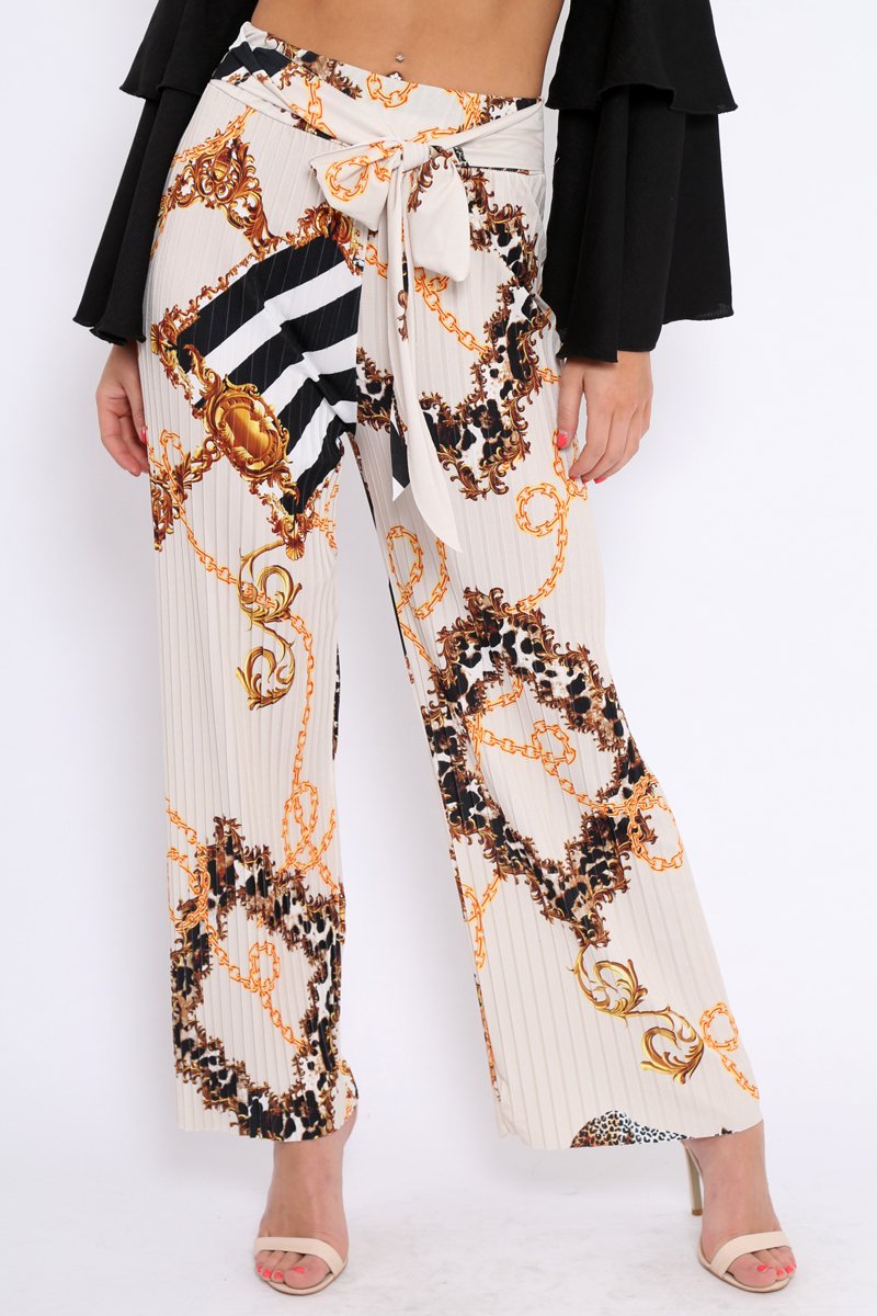 Cream Chain Pleated Wide Leg Trousers - Neola-Trousers