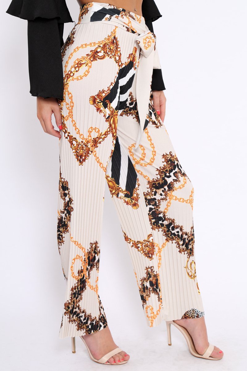 Cream Chain Pleated Wide Leg Trousers - Neola-Trousers