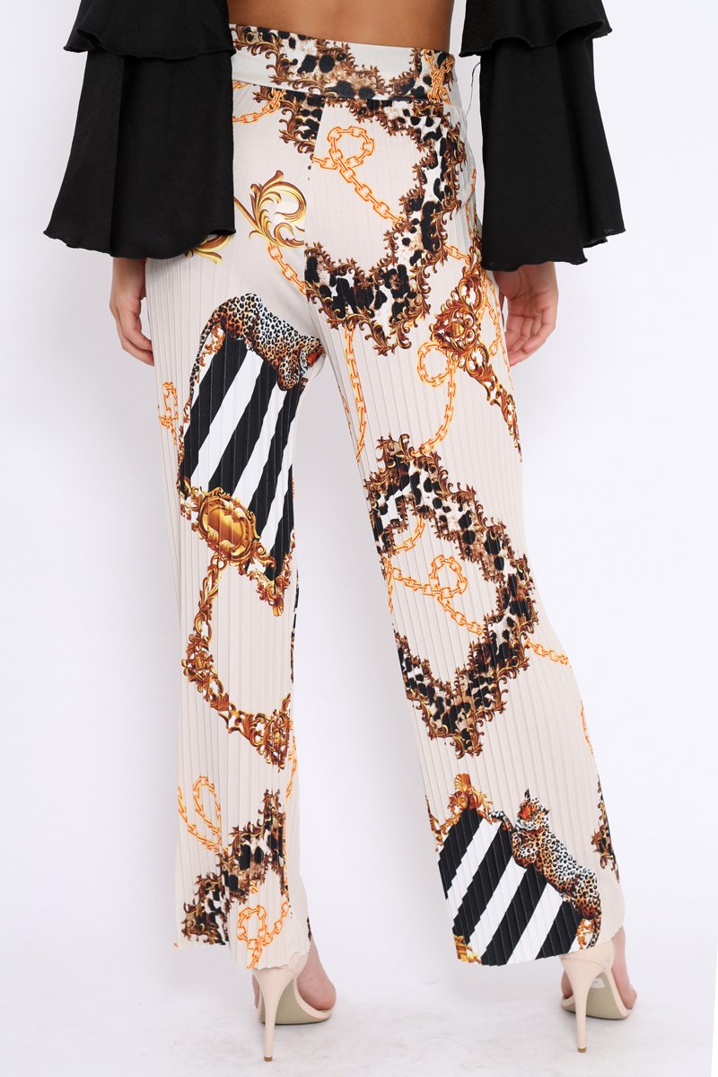 Cream Chain Pleated Wide Leg Trousers - Neola-Trousers