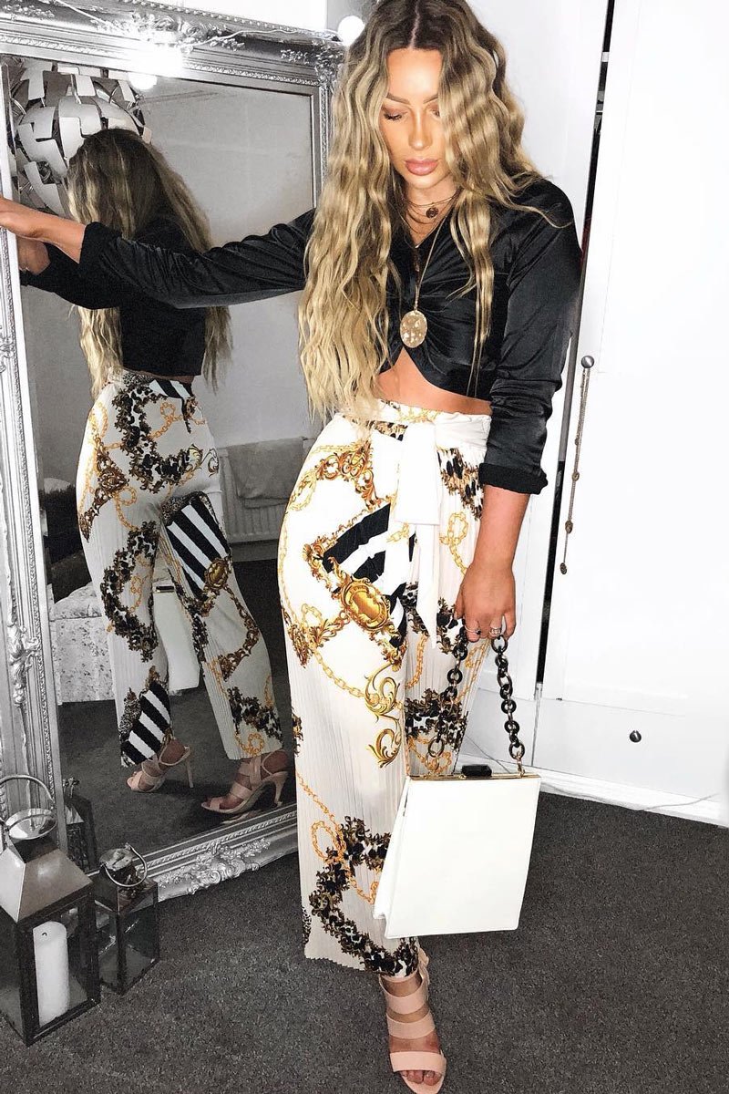 Cream Chain Pleated Wide Leg Trousers - Neola-Trousers