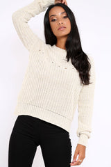 Cream Chunky Knit Distressed Jumper - Bella-Jumper