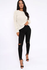 Cream Chunky Knit Distressed Jumper - Bella-Jumper
