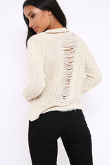 Cream Chunky Knit Distressed Jumper - Bella-Jumper