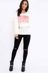 Cream Chunky Knit Faux Fur Front Panel Jumper - Ophelia-Knitwear