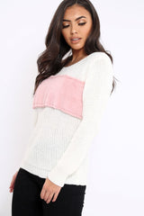 Cream Chunky Knit Faux Fur Front Panel Jumper - Ophelia-Knitwear
