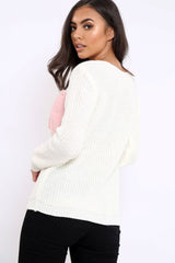 Cream Chunky Knit Faux Fur Front Panel Jumper - Ophelia-Knitwear