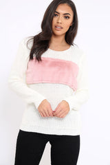 Cream Chunky Knit Faux Fur Front Panel Jumper - Ophelia-Knitwear