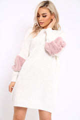 Cream Chunky Knit Fur Sleeve Jumper Dress - Jaycee-Knitwear
