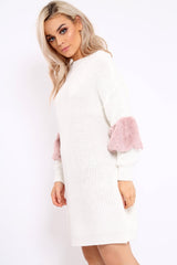 Cream Chunky Knit Fur Sleeve Jumper Dress - Jaycee-Knitwear