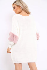Cream Chunky Knit Fur Sleeve Jumper Dress - Jaycee-Knitwear
