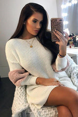 Cream Chunky Knit Fur Sleeve Jumper Dress - Jaycee-Knitwear