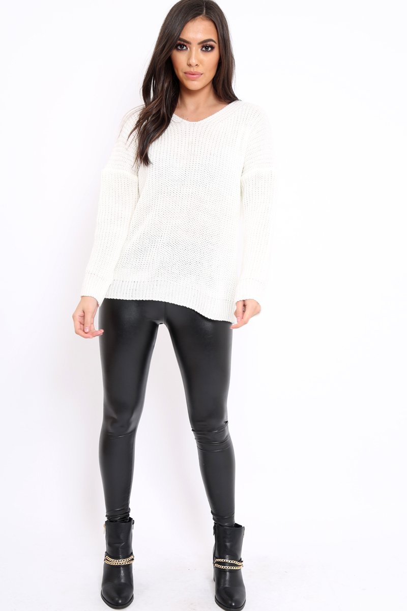 Cream Chunky Knit Lace Up Back Jumper - Perrie-Knitwear