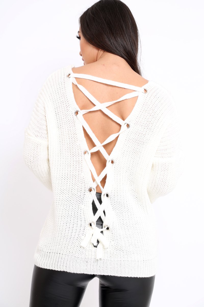 Cream Chunky Knit Lace Up Back Jumper - Perrie-Knitwear