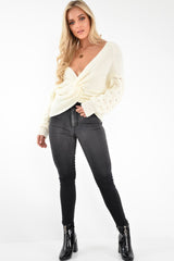 Cream Chunky Knit Plunge Sleeve Detail Jumper - Laelle-Jumper