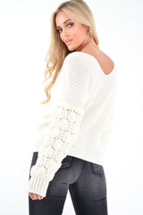 Cream Chunky Knit Plunge Sleeve Detail Jumper - Laelle-Jumper