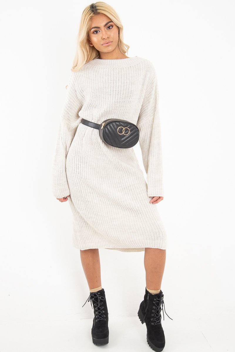 Cream Chunky Knit Slash Neck Jumper Dress - Hessie-Dresses