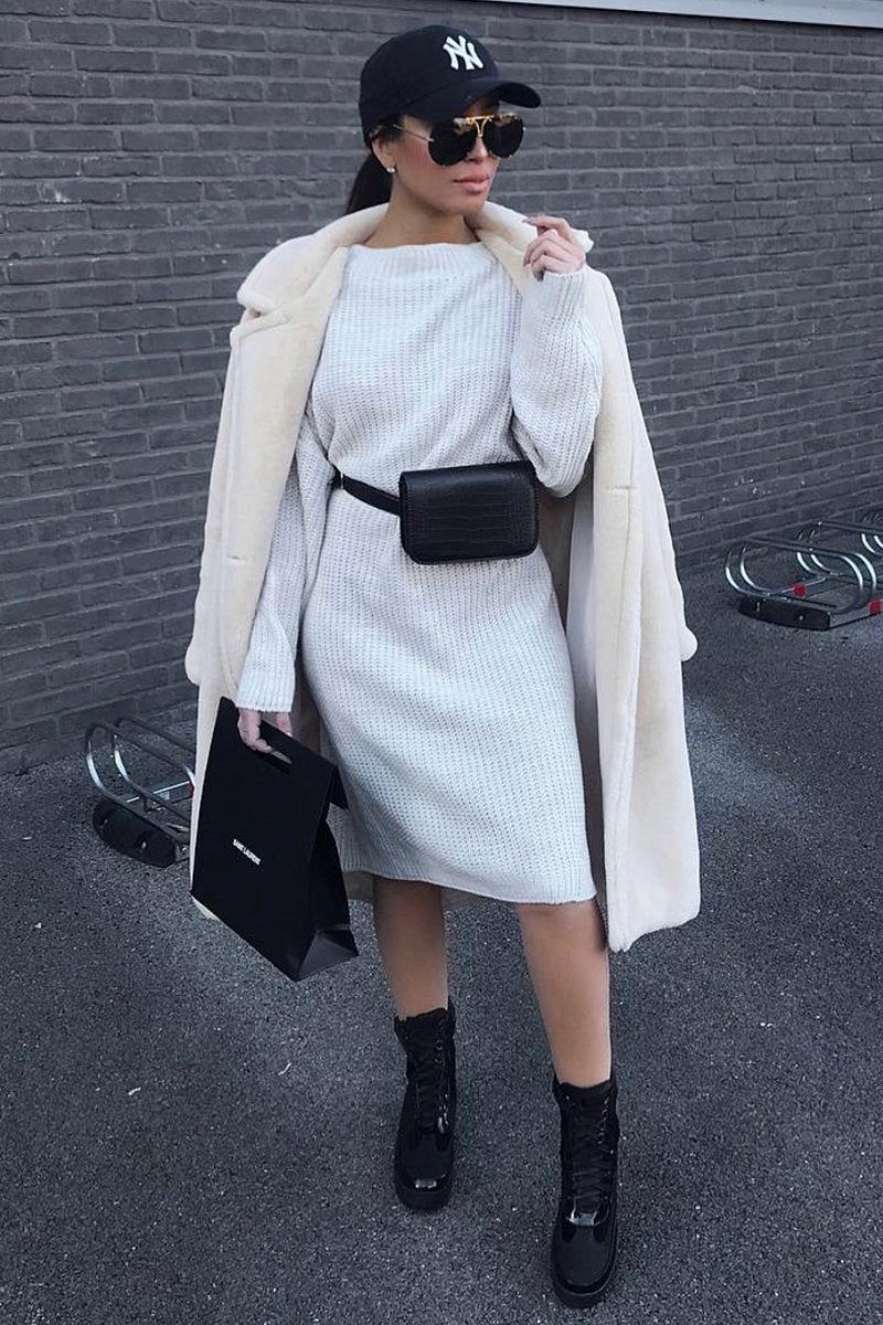 Cream Chunky Knit Slash Neck Jumper Dress - Hessie-Dresses
