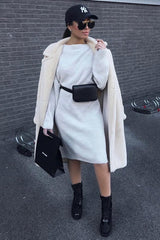 Cream Chunky Knit Slash Neck Jumper Dress - Hessie-Dresses