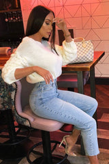 Cream Chunky Knit Sleeve Detail Cropped Jumper - Danyela-Crop Jumper