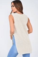 Cream Chunky Knit Sleeveless V Neck Jumper - Zaliyah-Jumper