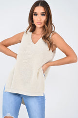 Cream Chunky Knit Sleeveless V Neck Jumper - Zaliyah-Jumper