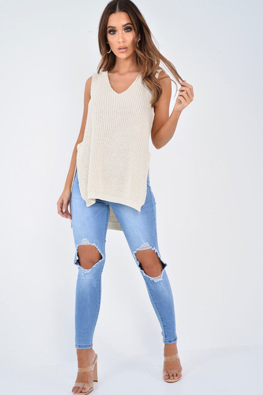 Cream Chunky Knit Sleeveless V Neck Jumper - Zaliyah