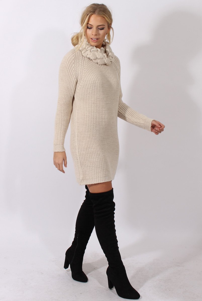 Cream Chunky Turtleneck Knit Jumper Dress - Cloe-Jumper