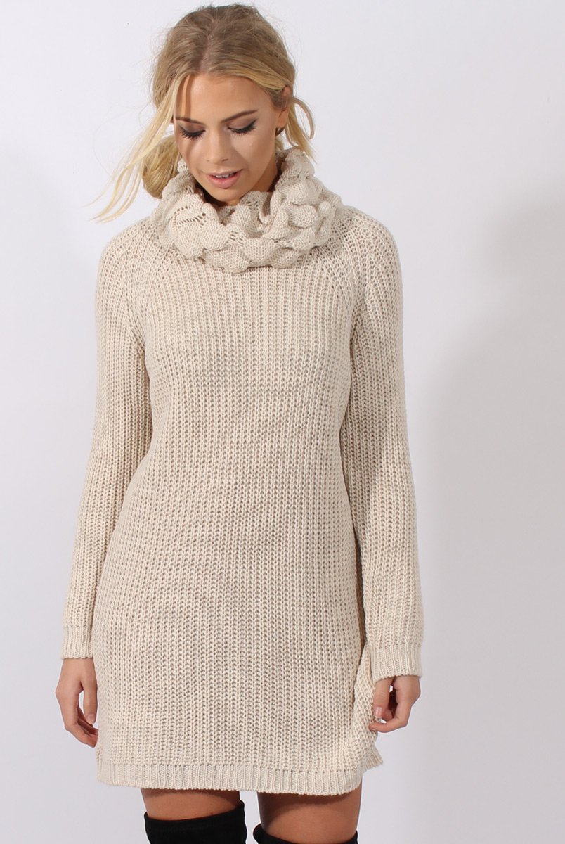 Cream Chunky Turtleneck Knit Jumper Dress - Cloe-Jumper