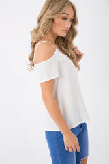 Cream Cold Shoulder Lace Detail Top - Darina-Tops