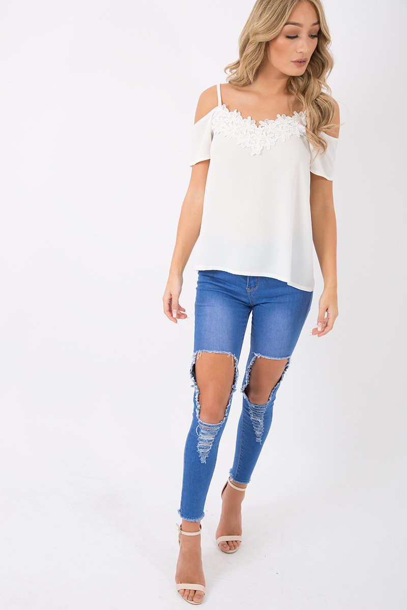 Cream Cold Shoulder Lace Detail Top - Darina-Tops