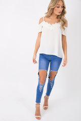 Cream Cold Shoulder Lace Detail Top - Darina-Tops