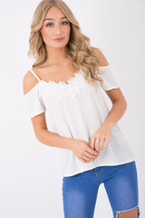 Cream Cold Shoulder Lace Detail Top - Darina-Tops