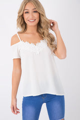 Cream Cold Shoulder Lace Detail Top - Darina-Tops