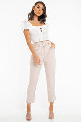 Cream Cold Shoulder Lace Up Bardot Crop Top - Kenndra-Crop Tops