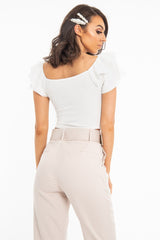 Cream Cold Shoulder Lace Up Bardot Crop Top - Kenndra-Crop Tops