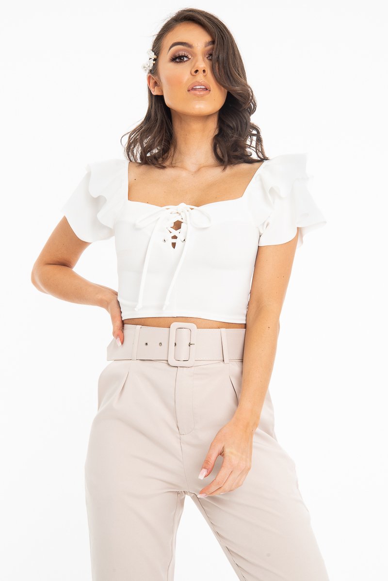 Cream Cold Shoulder Lace Up Bardot Crop Top - Kenndra-Crop Tops