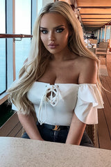 Cream Cold Shoulder Lace Up Bardot Crop Top - Kenndra-Crop Tops