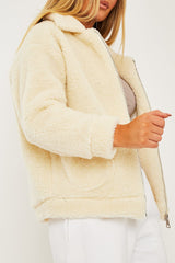 Cream Collar Zip Front Borg Teddy Jacket - Kaleah-Jackets