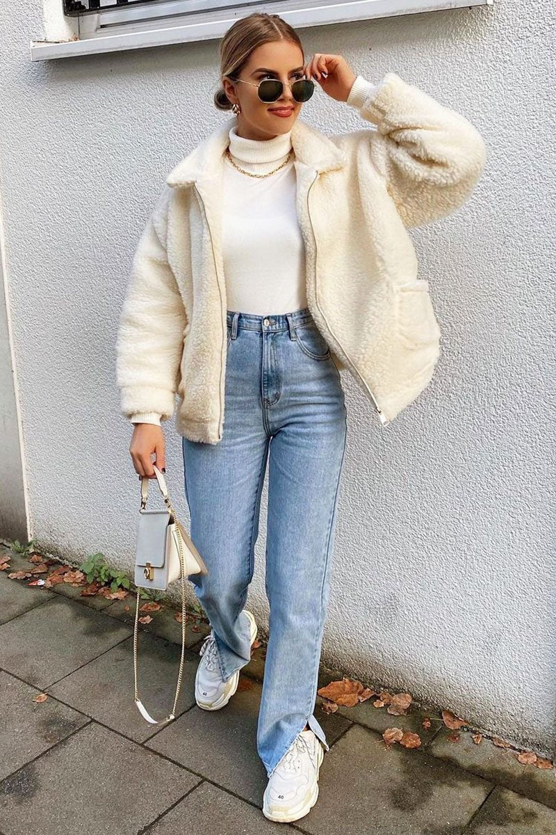 Cream Collar Zip Front Borg Teddy Jacket - Kaleah-Jackets