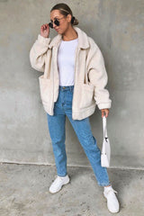 Cream Collar Zip Front Borg Teddy Jacket - Kaleah-Jackets