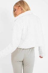 Cream Cropped Borg Popper Button Coat - Ezmerelda-Coats