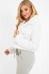 Cream Cropped Borg Popper Button Coat - Ezmerelda-Coats