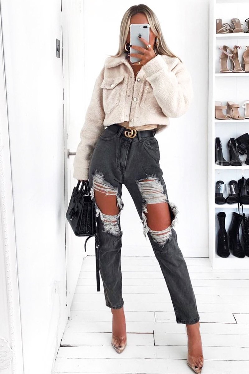 Cream Cropped Borg Trucker Jacket - Aarohi-Jackets