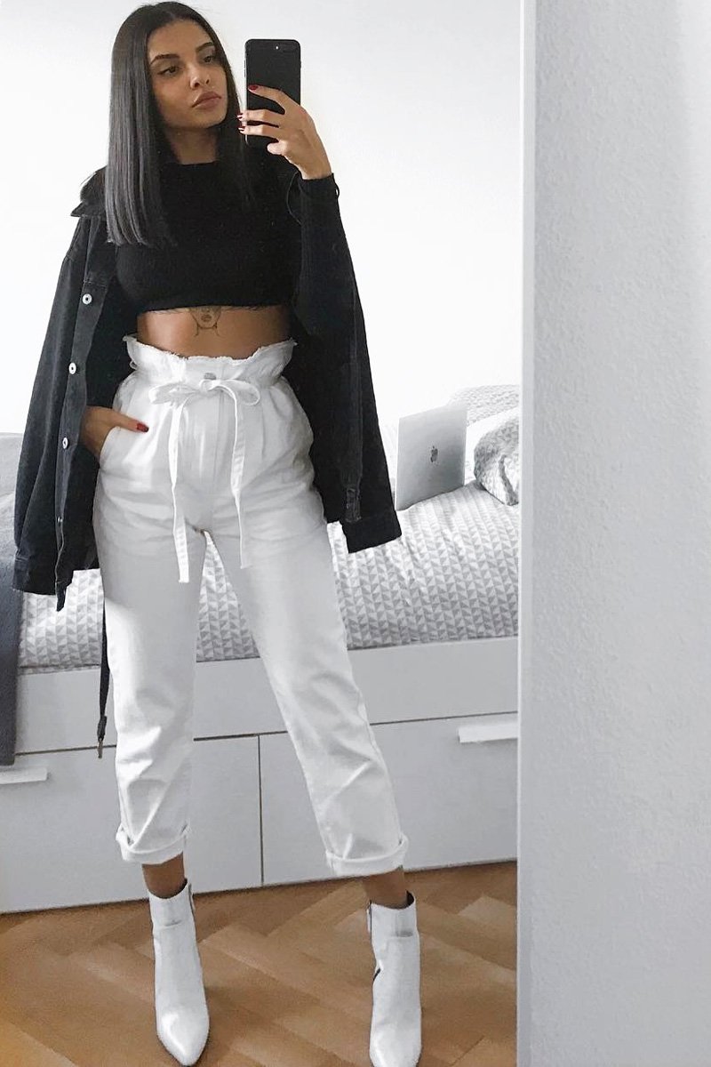 Cream Denim Tie Waist Paperbag Jeans - Lylee-Jeans
