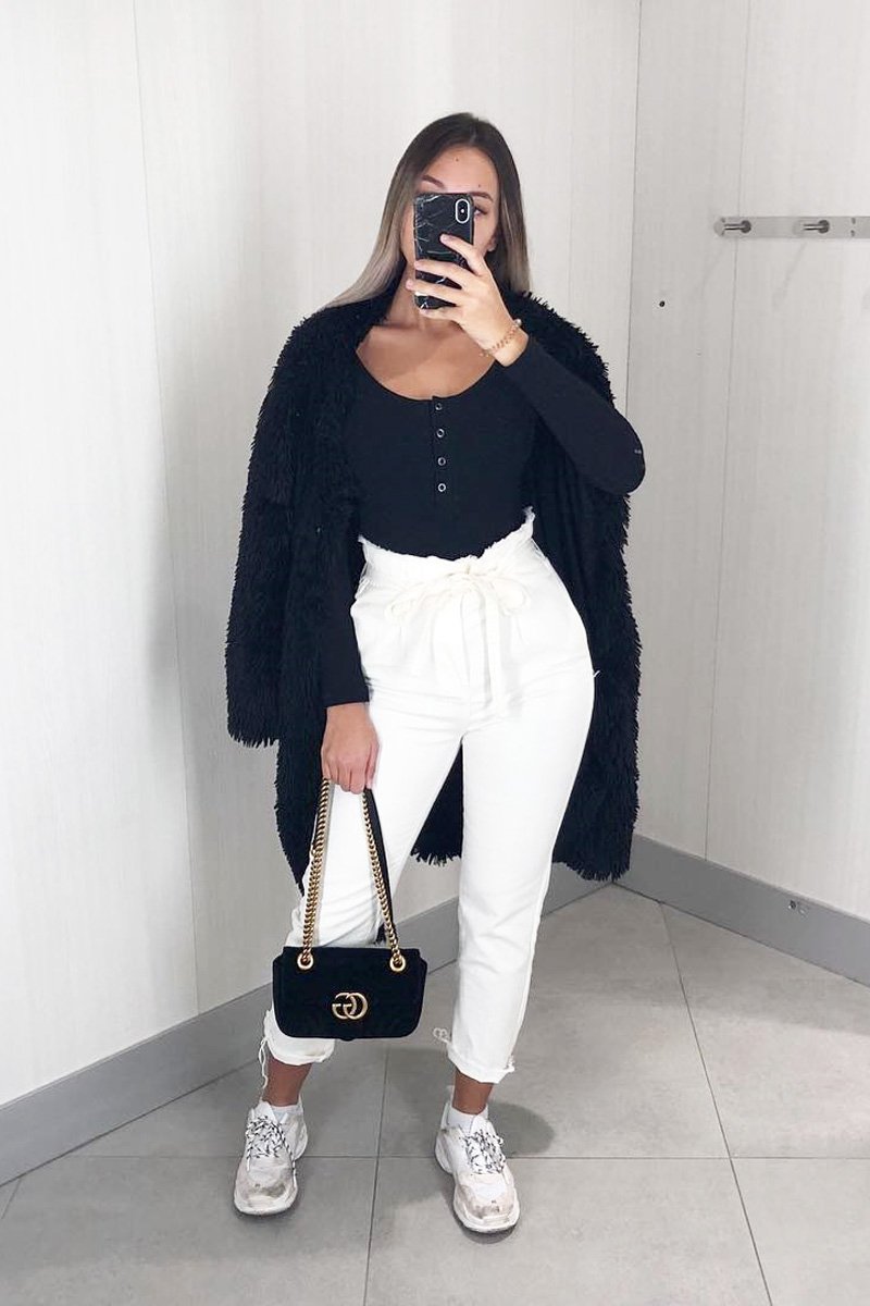 Cream Denim Tie Waist Paperbag Jeans - Lylee-Jeans