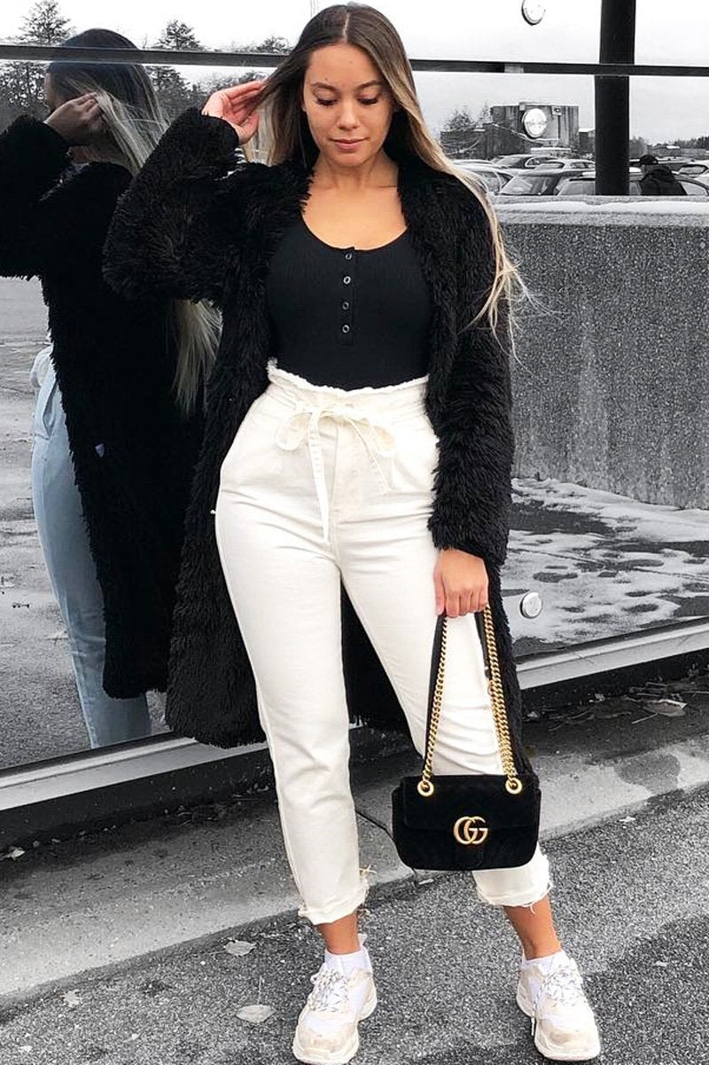 Cream Denim Tie Waist Paperbag Jeans - Lylee-Jeans