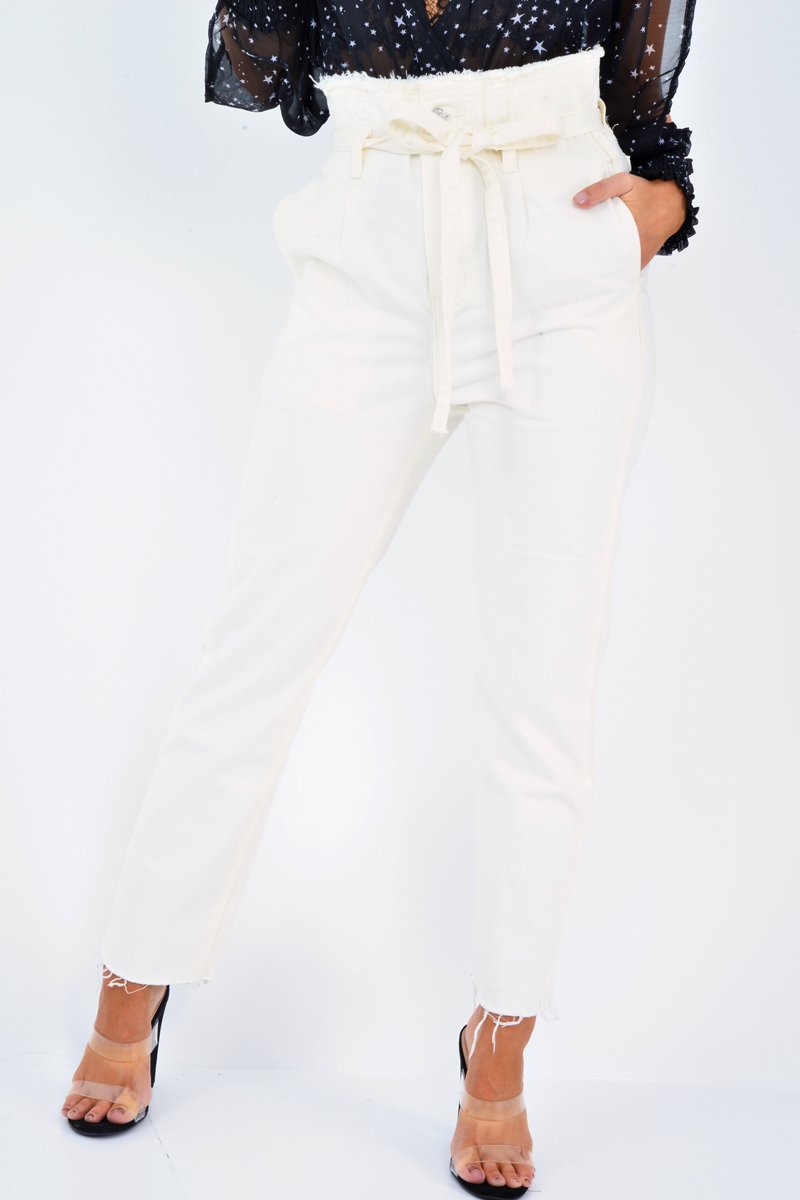 Cream Denim Tie Waist Paperbag Jeans - Lylee-Jeans
