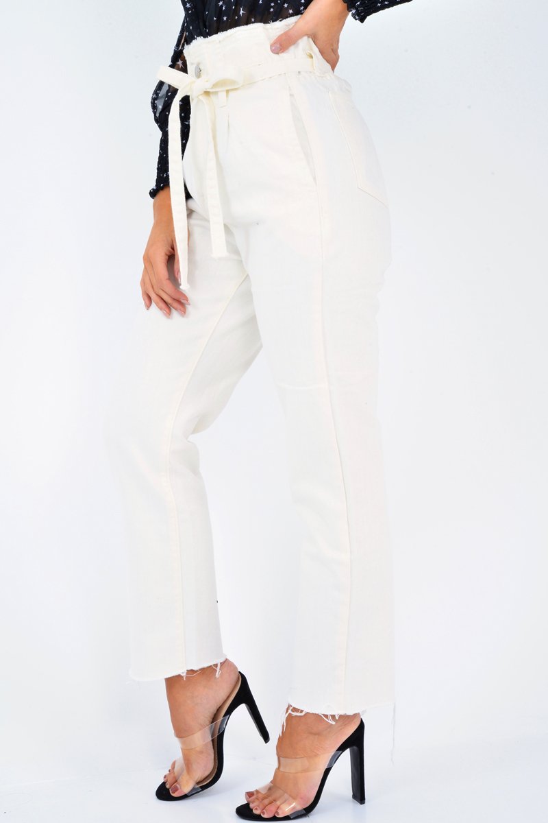 Cream Denim Tie Waist Paperbag Jeans - Lylee-Jeans