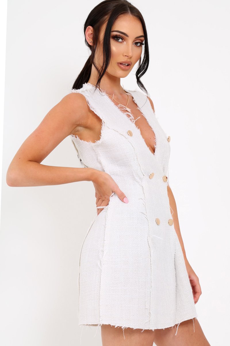 Cream Double Gold Button Sleeveless Blazer Dress - Iverson Rebellious Fashion Cream Double Gold Button Sleeveless Blazer Dress - Iverson Rebellious Fashion